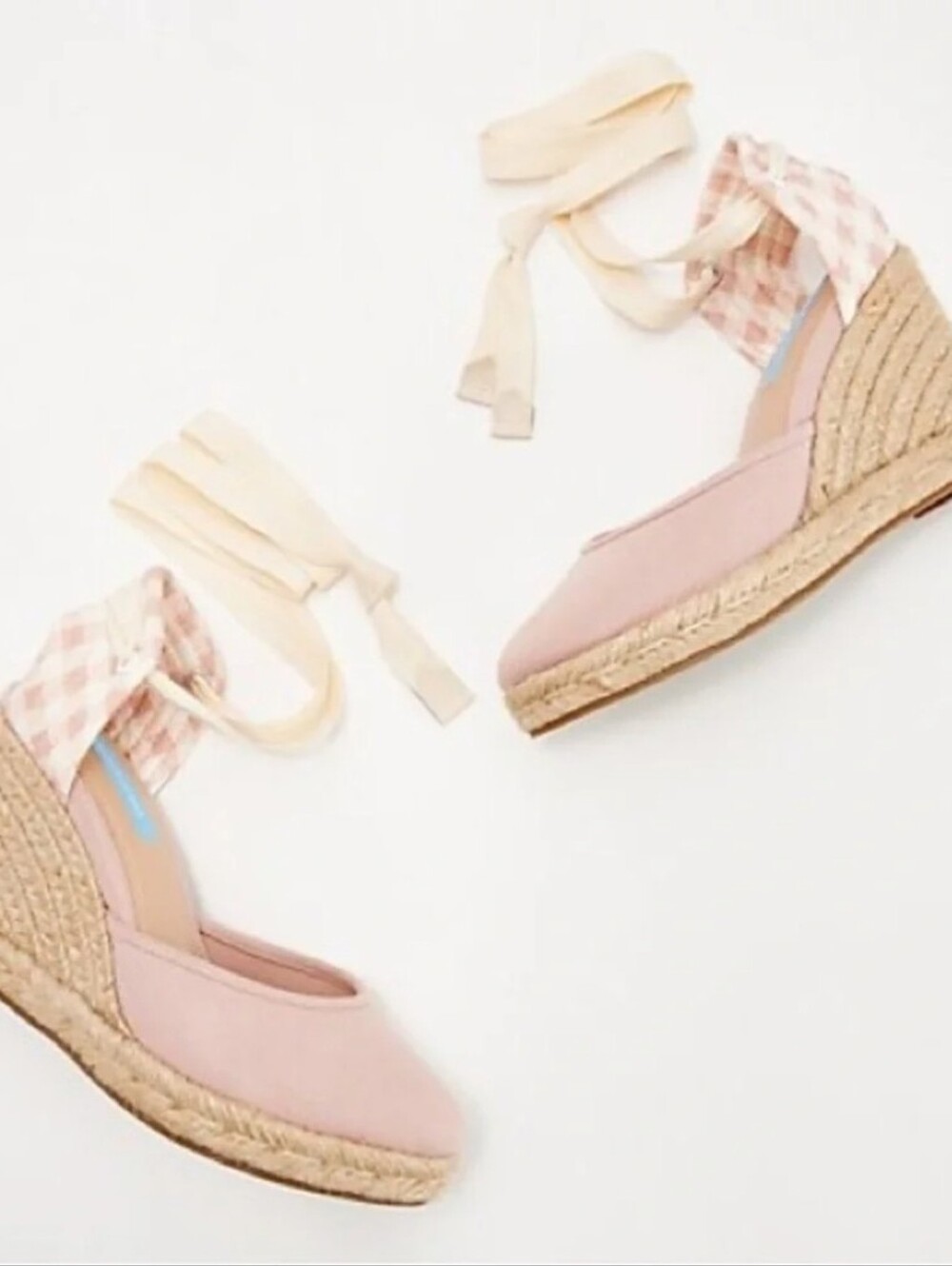 Draper James Olivia Espadrille Wedges Pink Cream Gingham Ankle Tie Heels Sz 7